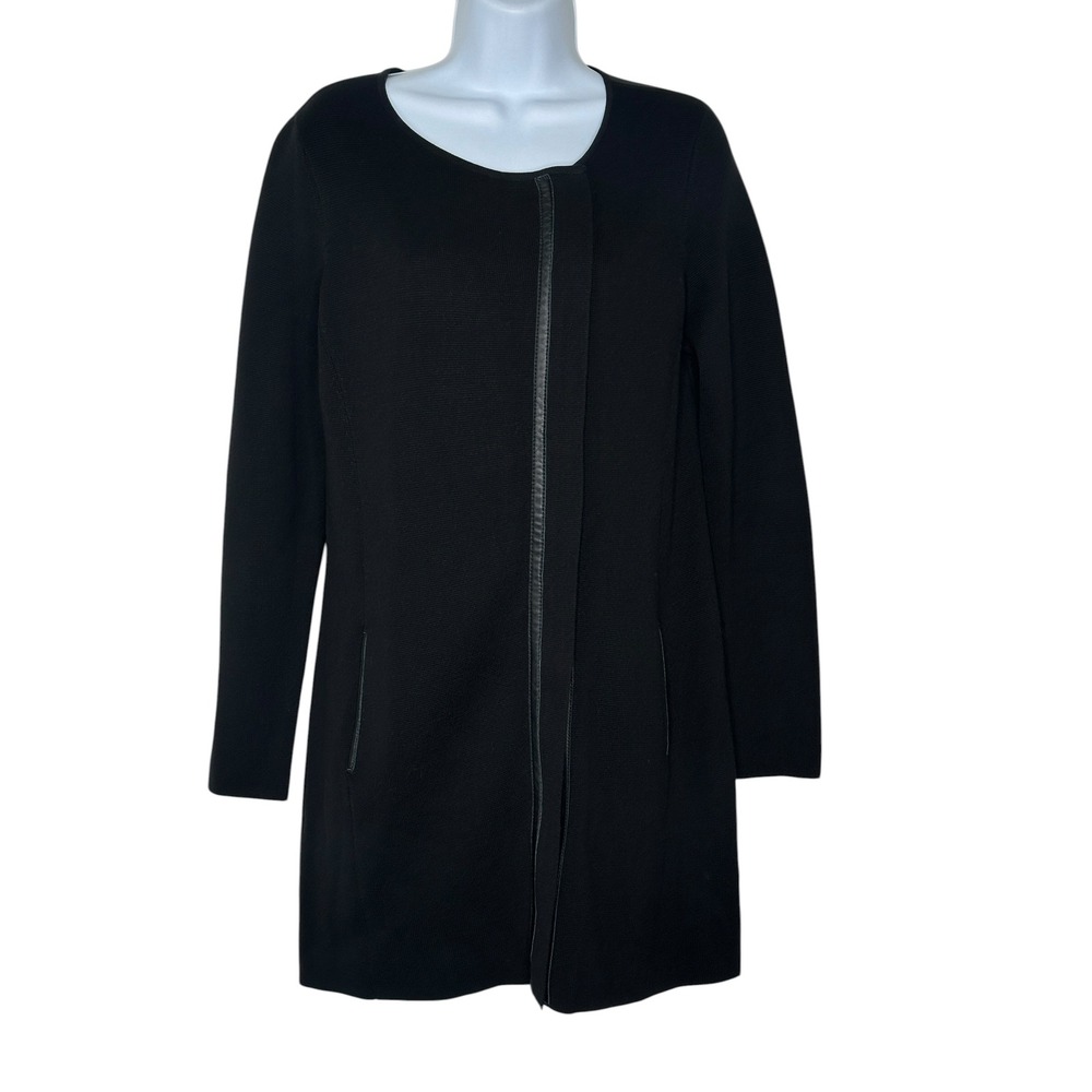 Eileen Fisher Jacket XS Black Leather Trim Zip Front Longline Textured Knit Coat - Picture 2 of 9